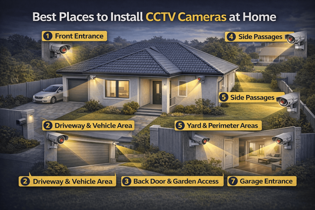 Best places to install CCTV cameras at home including front entrance, driveway, backyard and side passage security coverage