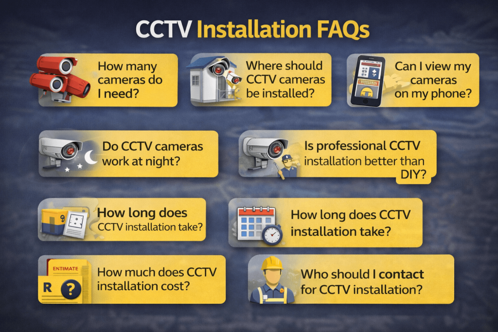 Frequently asked questions about CCTV installation including camera placement, costs, remote viewing and maintenance